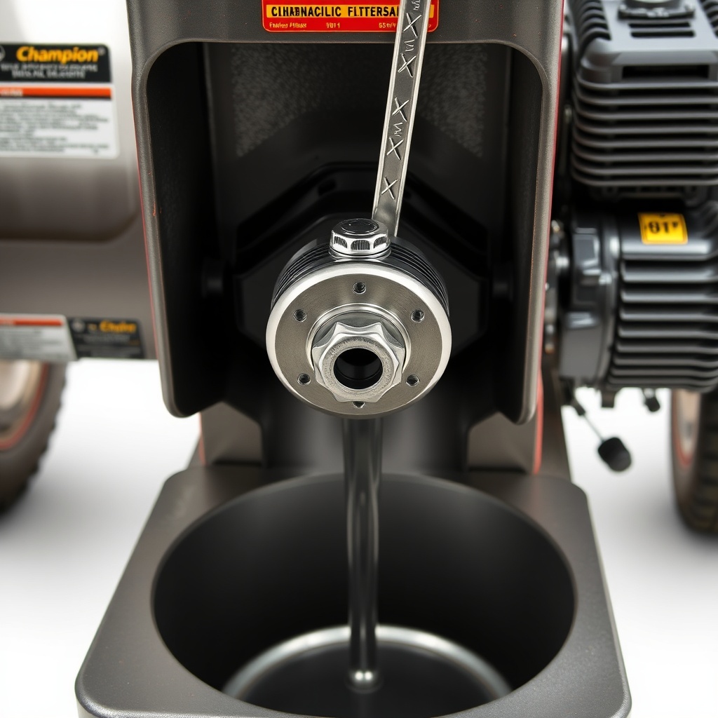 A clean photorealistic photo of a Champion 25-Ton log splitter’s hydraulic filter housing