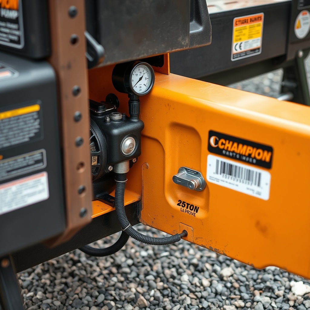 <clean photorealistic photo of a Champion 25-ton log splitter’s hydraulic pump area with a