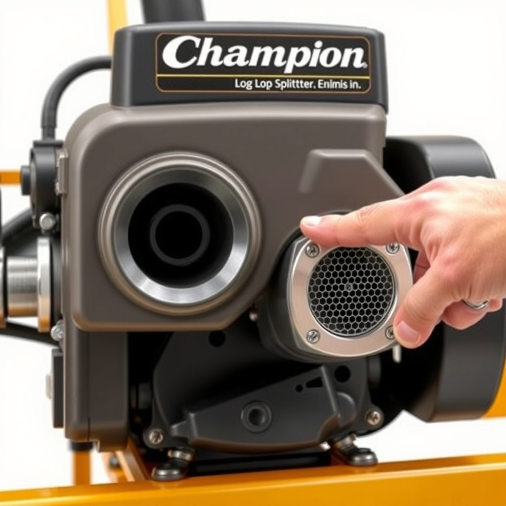 <photorealistic photo of a Champion 25-Ton log splitter engine showing the muffler and air
