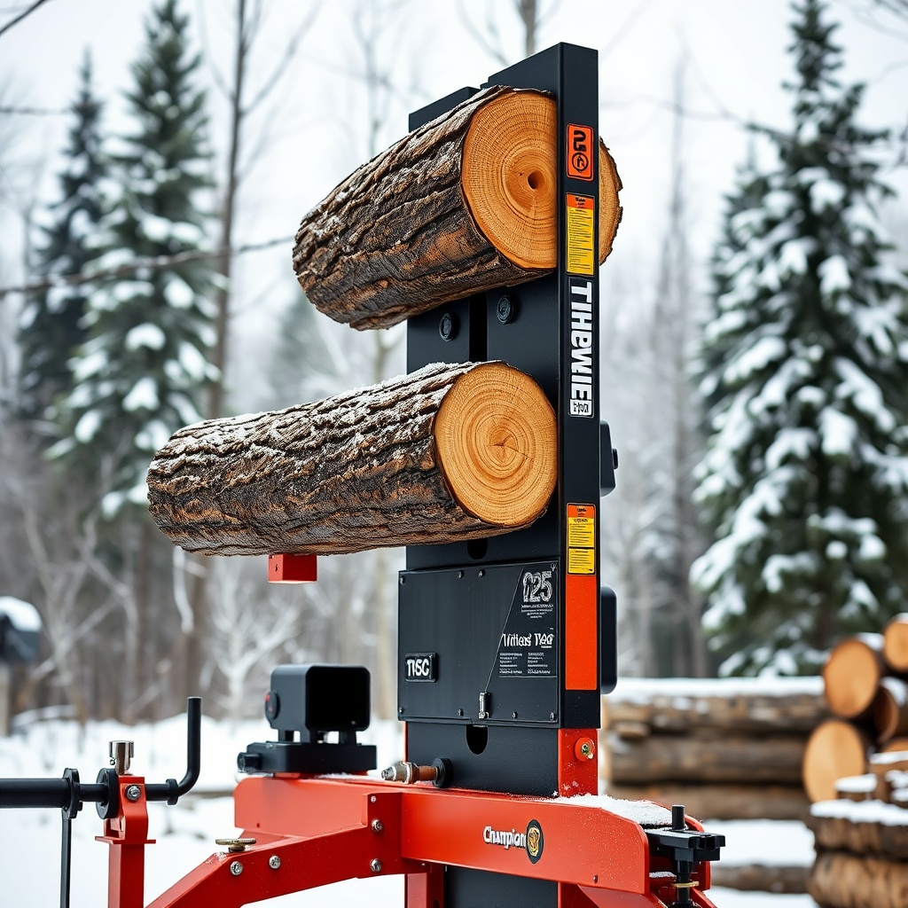 <clean photorealistic photo of a Champion 25-ton log splitter standing upright in vertical