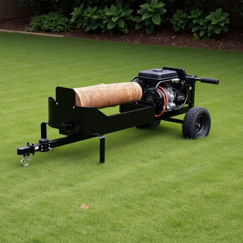 <clean photorealistic photo of the Champion 25-ton log splitter lying horizontally on a gr