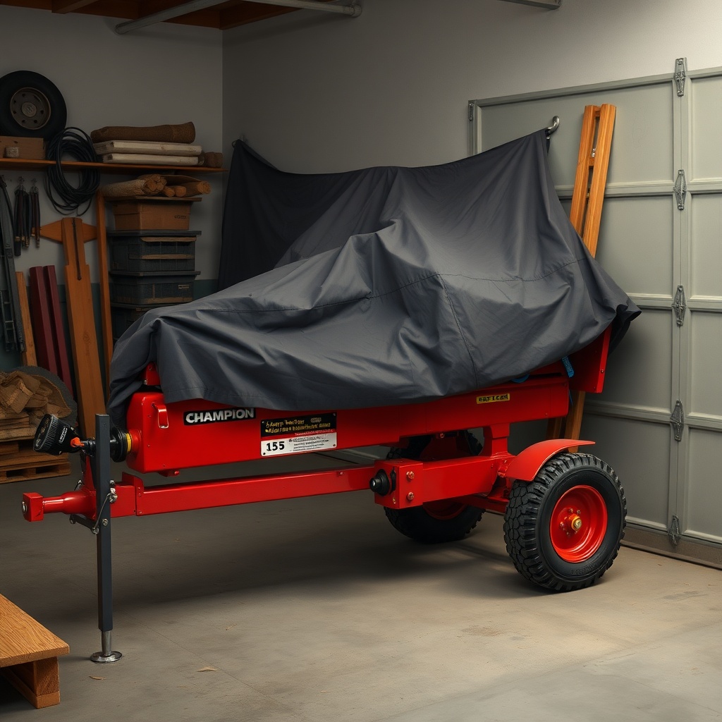 <clean photorealistic photo/illustration of a Champion 25-Ton log splitter covered with a