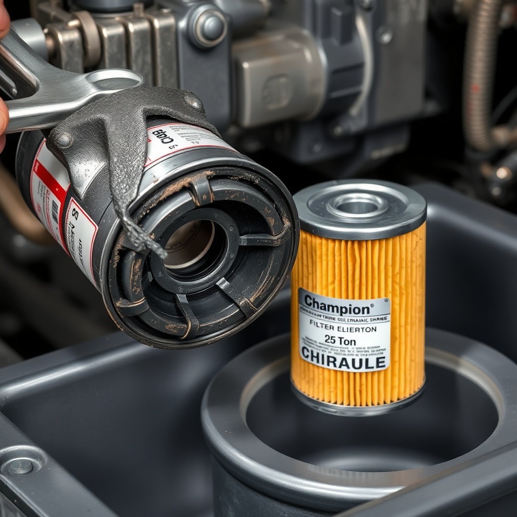 <photo of Champion 25-Ton hydraulic oil filter being removed with a filter wrench