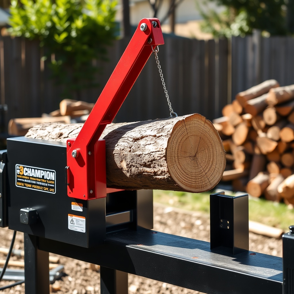 A clean photorealistic photo of a Champion 25-Ton log splitter with a red log lifter arm e