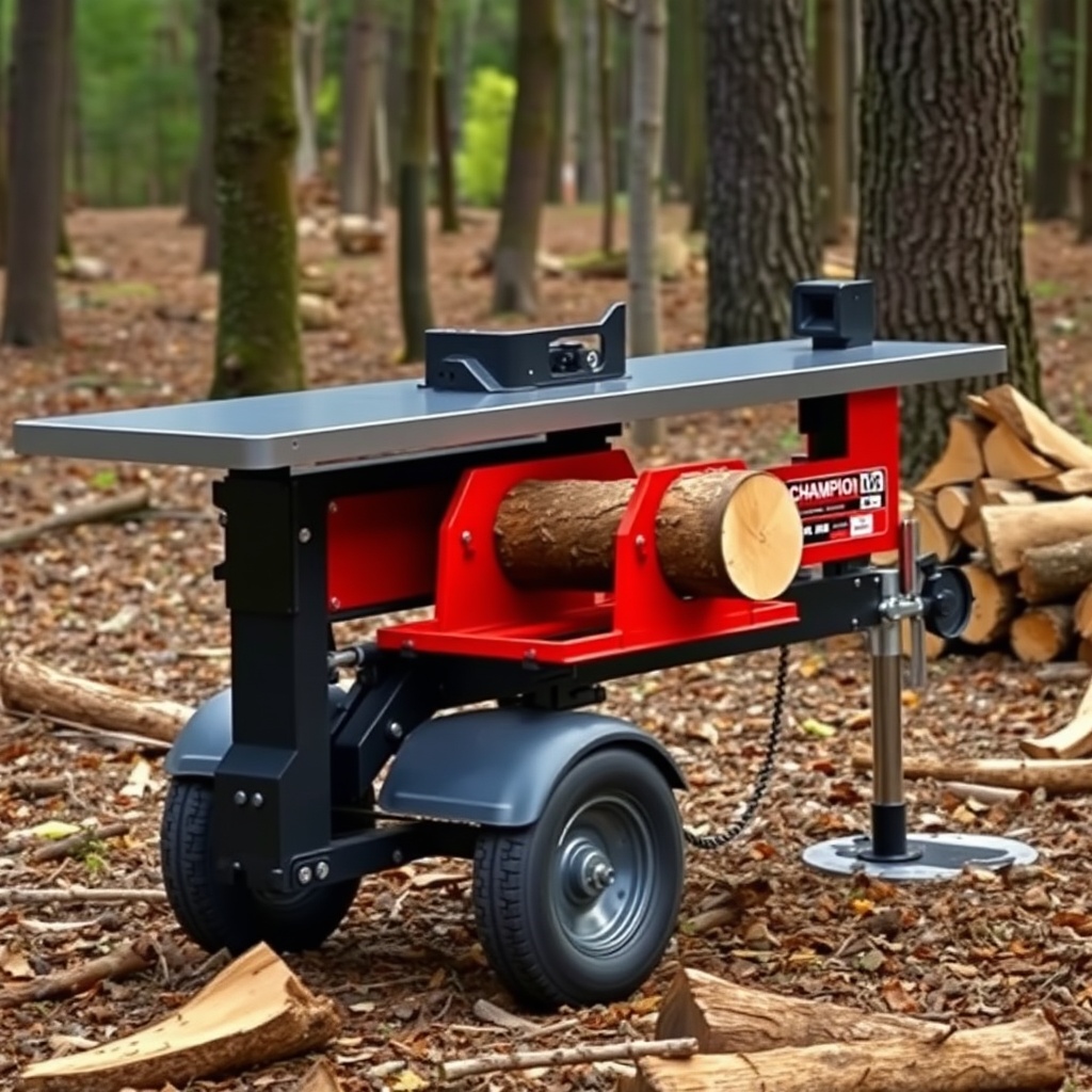 A clean photorealistic photo of a Champion 25-Ton log splitter in a wooded setting