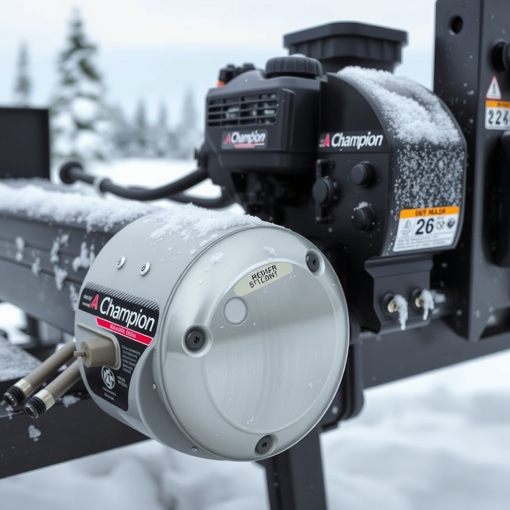A photorealistic close-up of a Champion 25-Ton log splitter’s engine and hydraulic tank in