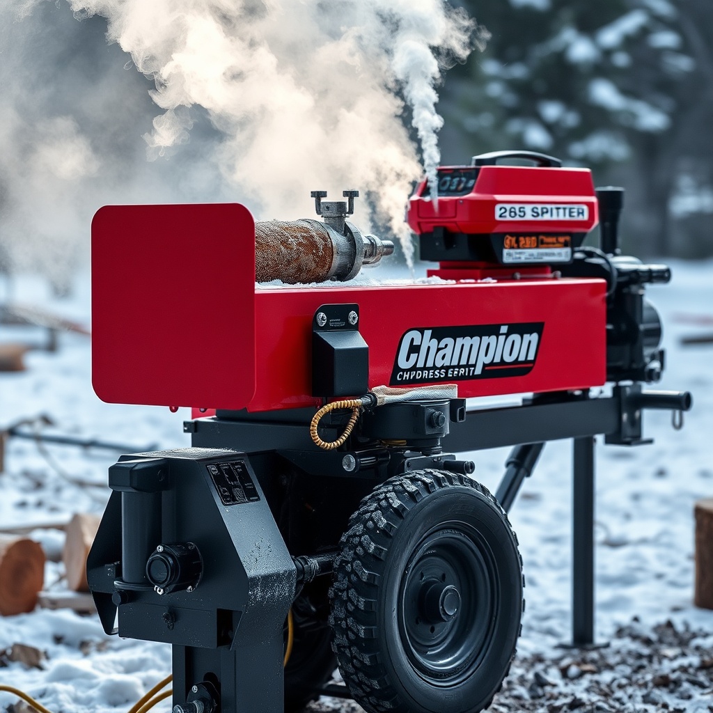 A photorealistic side-view photo of a Champion 25-Ton log splitter in operation