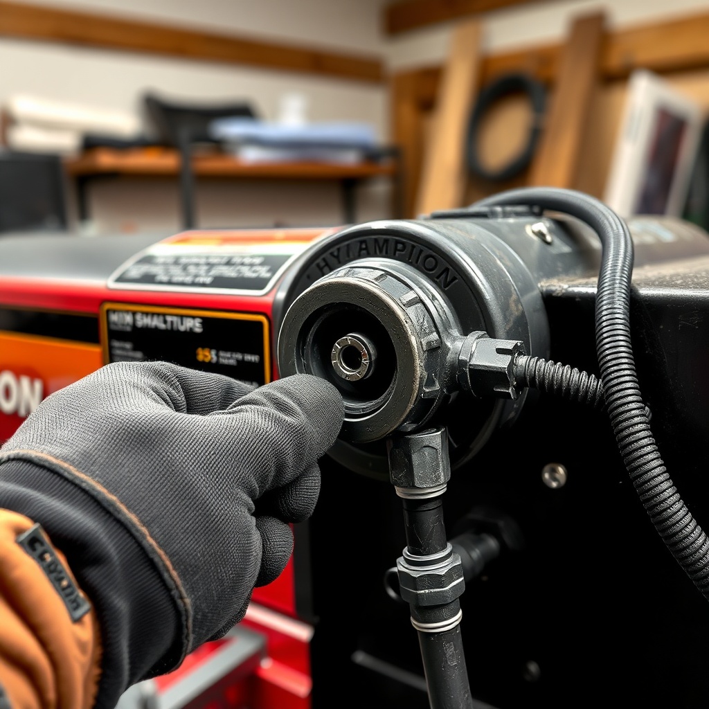 close-up of a Champion 25-Ton log splitter with the hydraulic reservoir drain plug and hos
