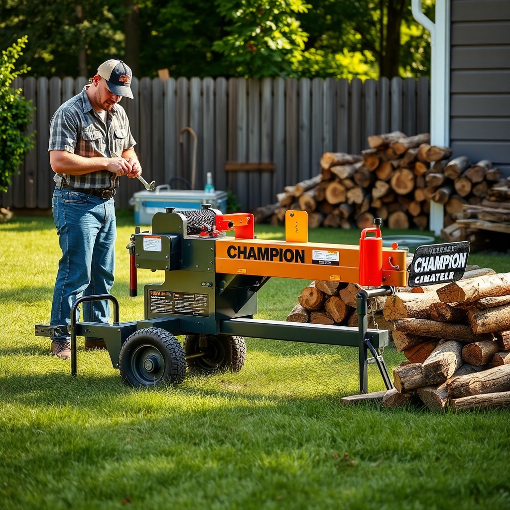 wide shot of a Champion 25-Ton log splitter in a backyard
