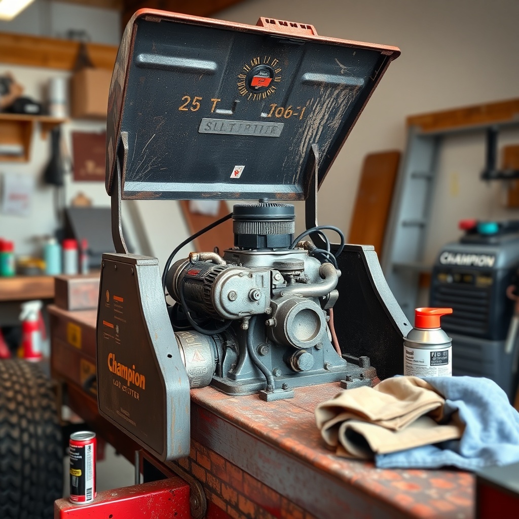 <A photorealistic photo of a Champion 25-Ton log splitter with the engine cover open