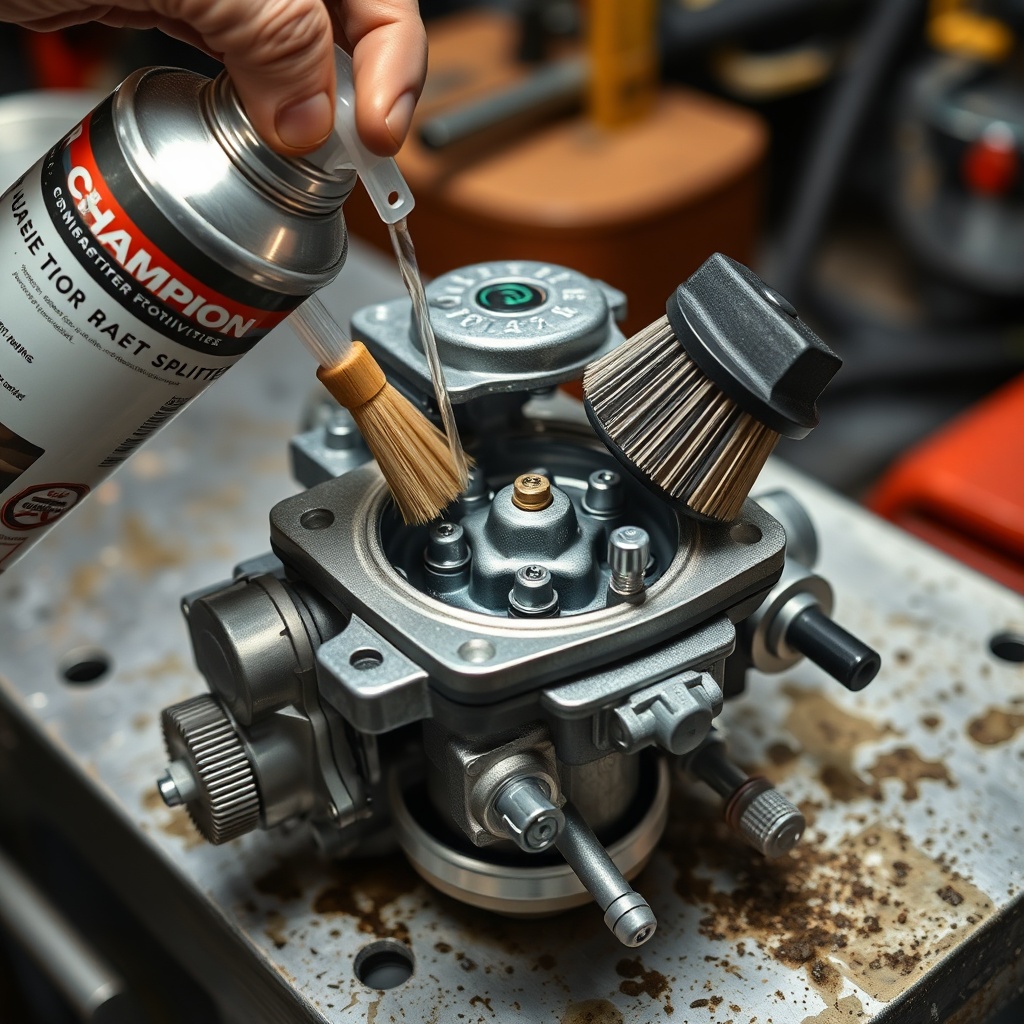 <A photorealistic close-up of a Champion 25-Ton splitter carburetor being cleaned with spr