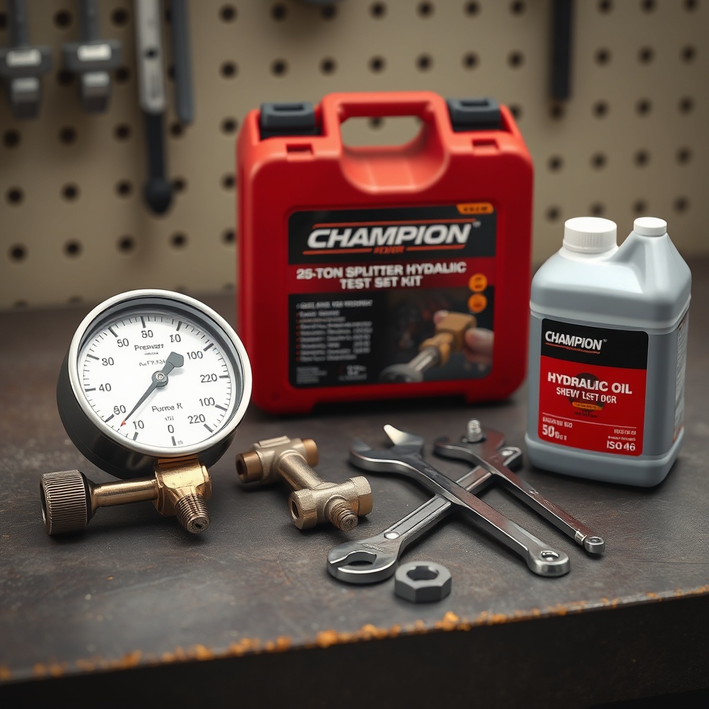<clean photorealistic photo/illustration showing a Champion 25-ton splitter hydraulic test