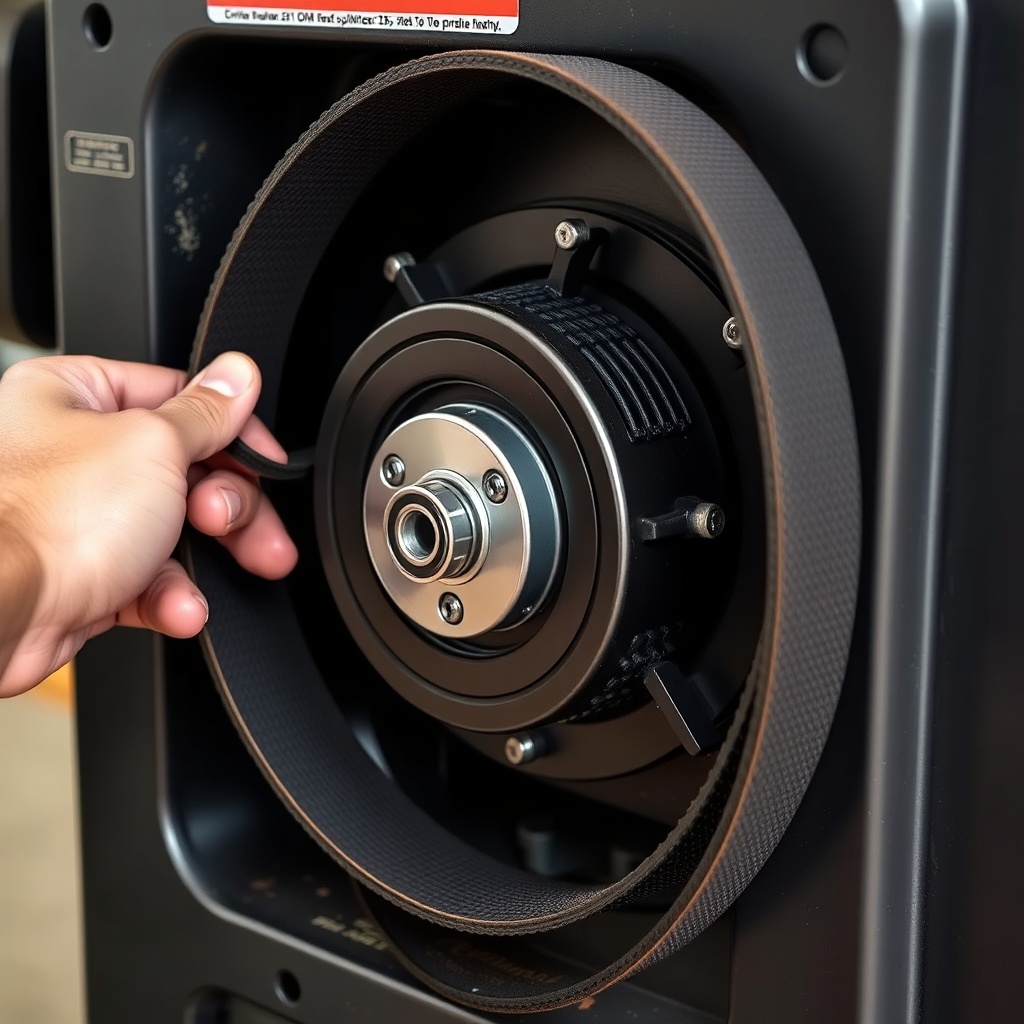 <clean photorealistic photo/illustration of a person's hands pulling a worn drive belt off
