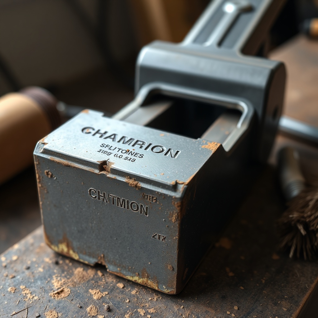 Close-up of a Champion 25-Ton splitter wedge with visible nicks and rust spots on the cutt