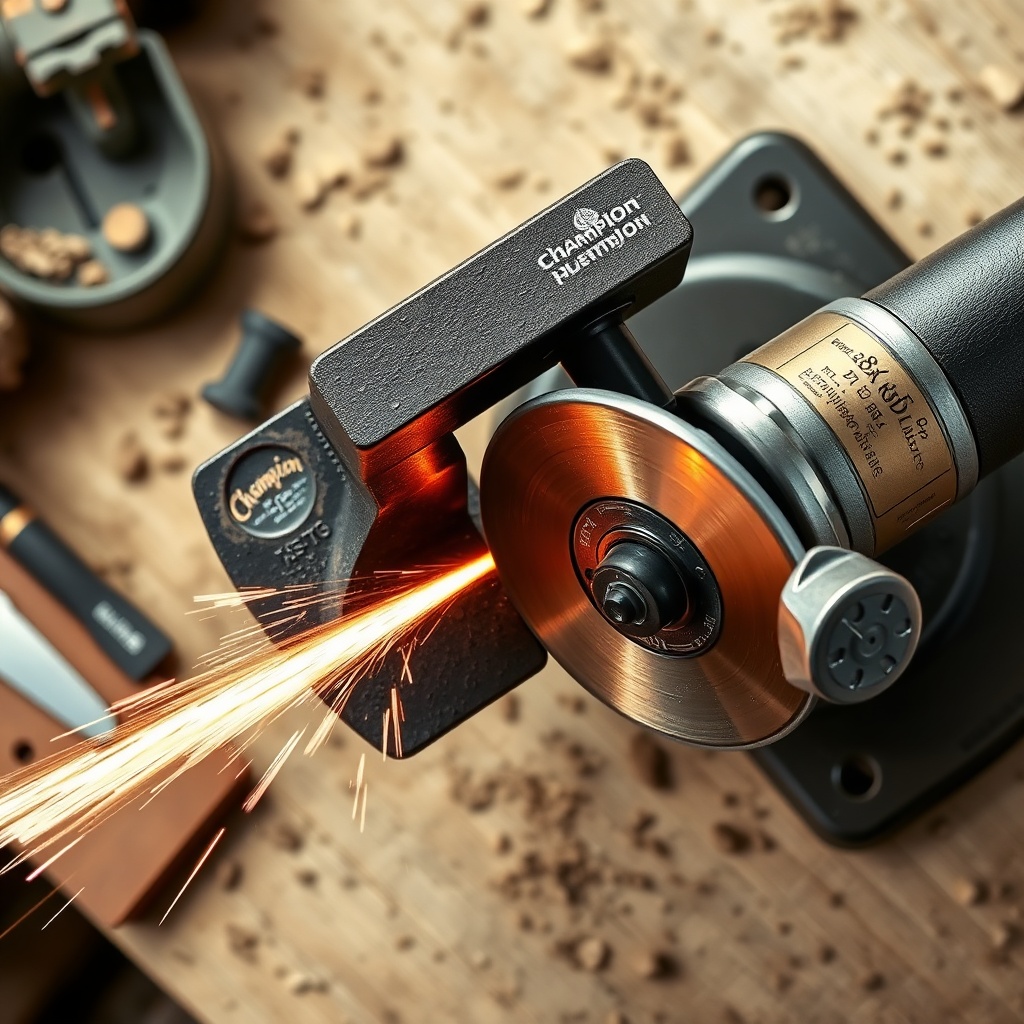 Overhead shot of a Champion 25-Ton wedge clamped in a bench vise with an angle grinder fit
