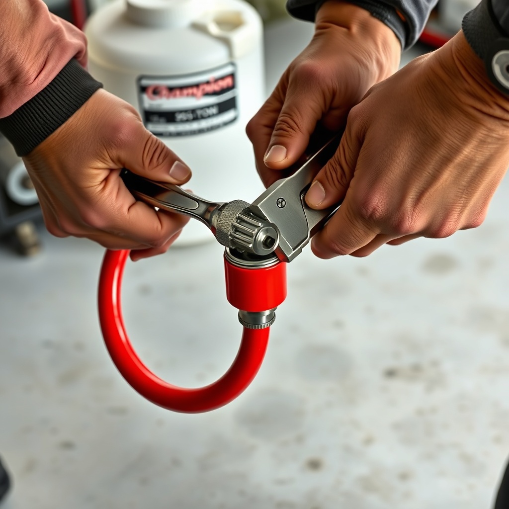 <A photorealistic close-up of a mechanic's hands using two wrenches to tighten a JIC fitti