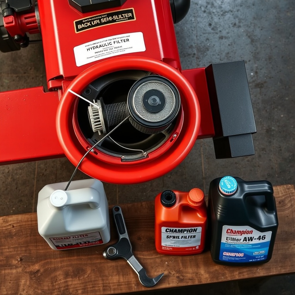 <A photorealistic overhead photo showing a Champion 25-ton log splitter with the hydraulic