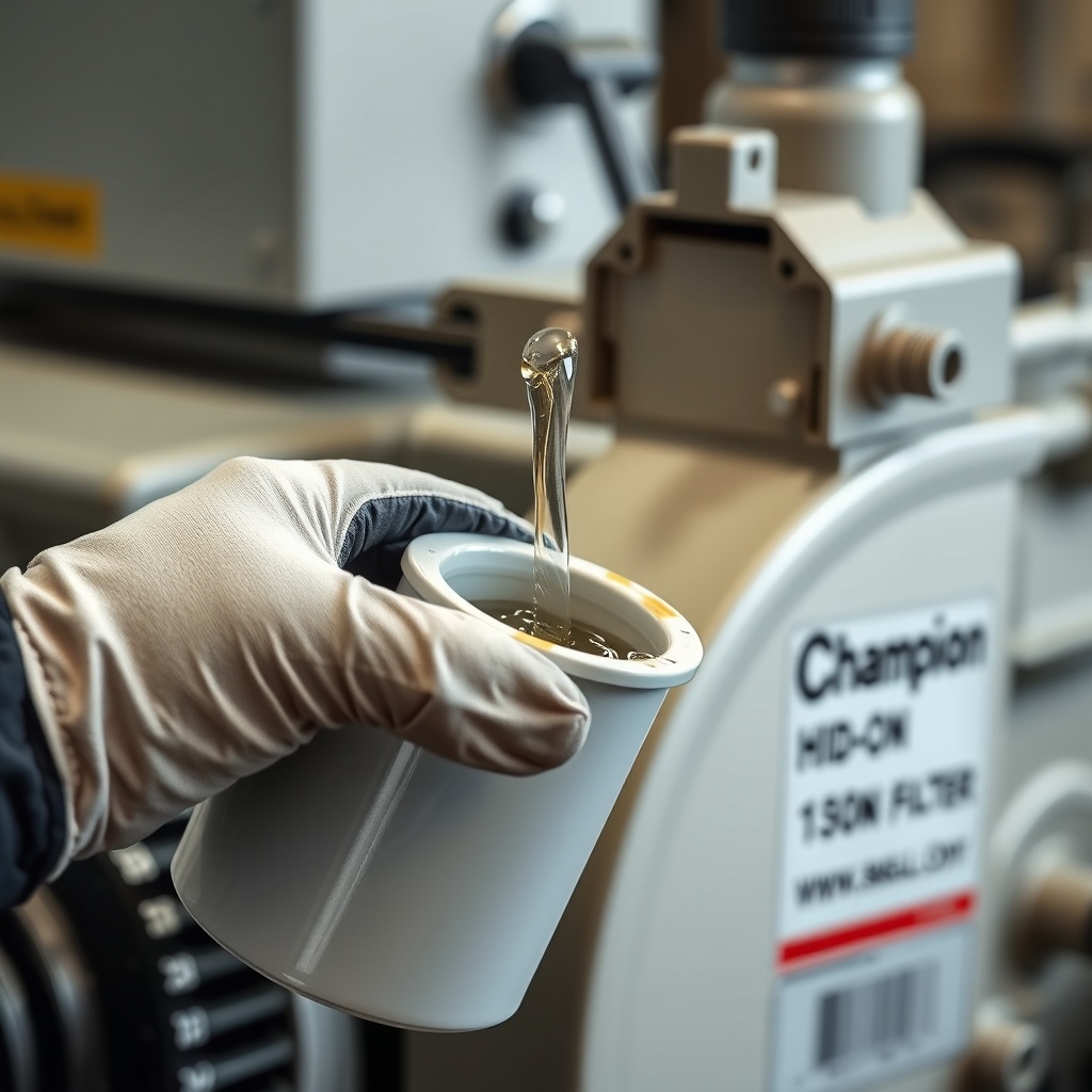 <A photorealistic close-up photo of a person’s gloved hand pouring clean hydraulic oil int