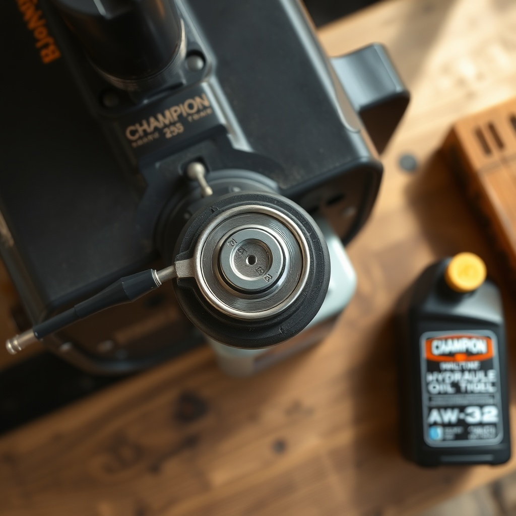 <Clean overhead shot of Champion 25-Ton log splitter’s hydraulic oil filler cap and dipsti