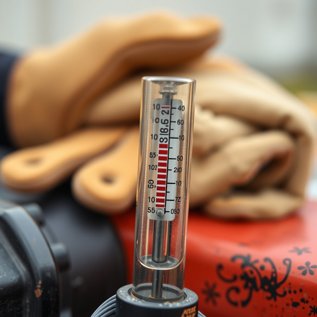 <Close-up of a Champion 25-Ton log splitter’s hydraulic oil dipstick showing oil level bet