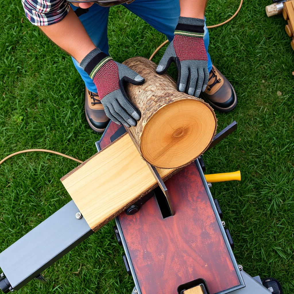 Photorealistic overhead shot of a log splitter operator in safety glasses