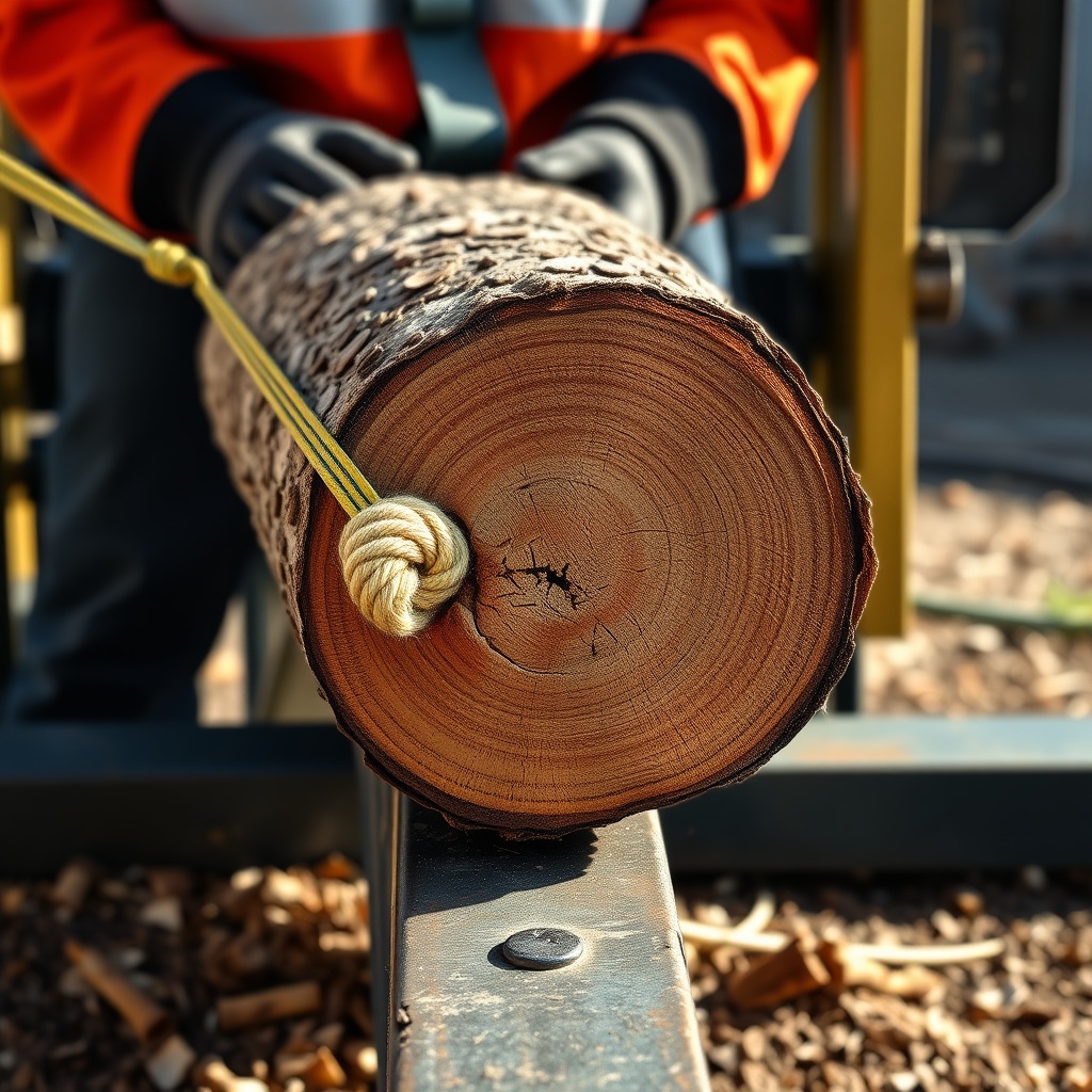 Photorealistic close-up angle of a knotty log placed on the splitter beam with the wedge j