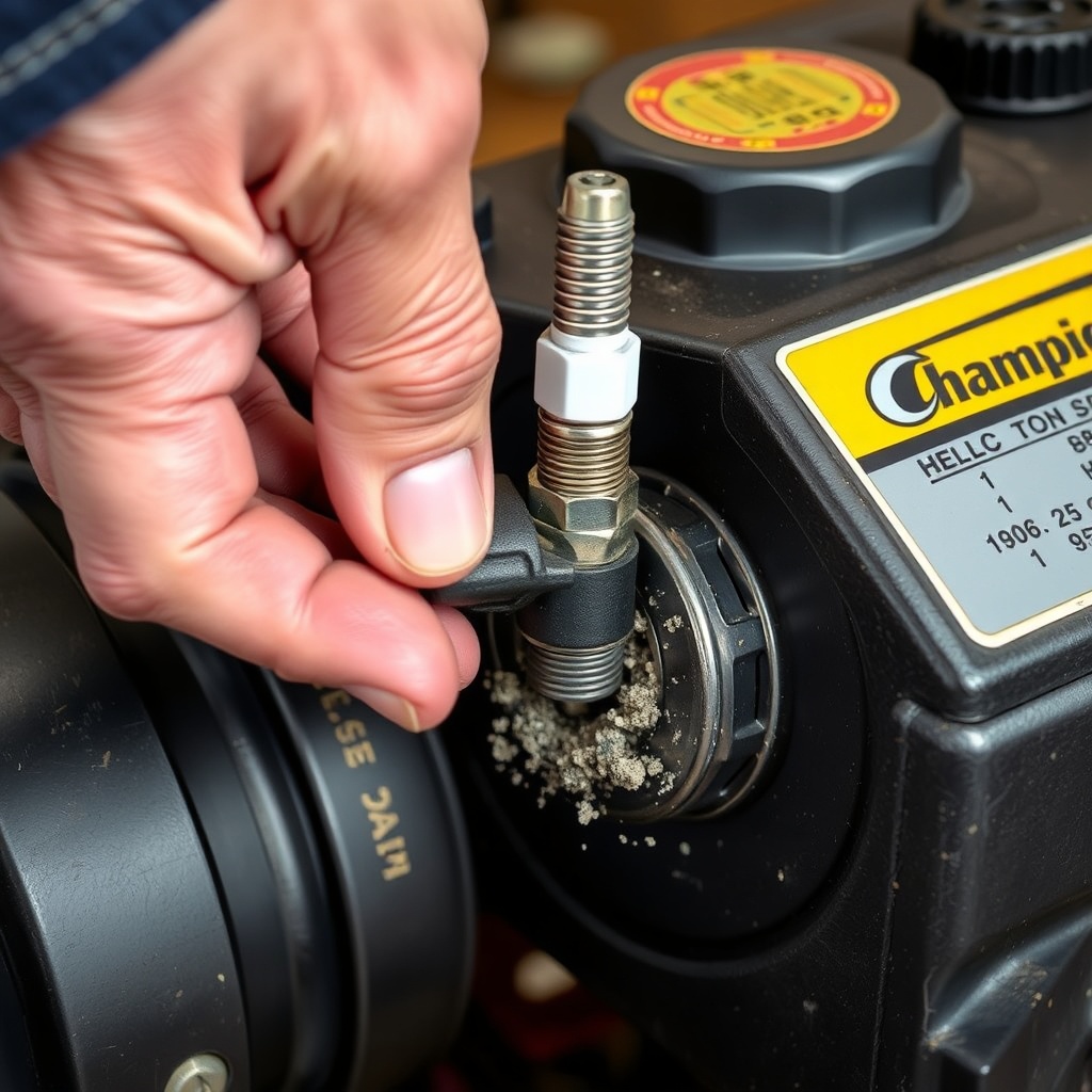 Close-up photo of a hand pulling a rubber spark plug boot off a spark plug on a Champion 2