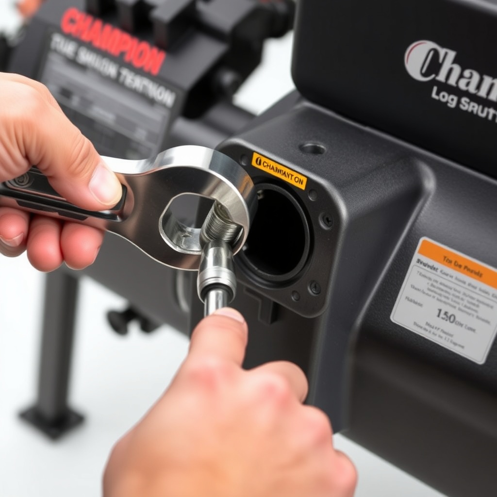 Photo of a person using a ratchet to remove a spark plug from a Champion 25-Ton log splitt