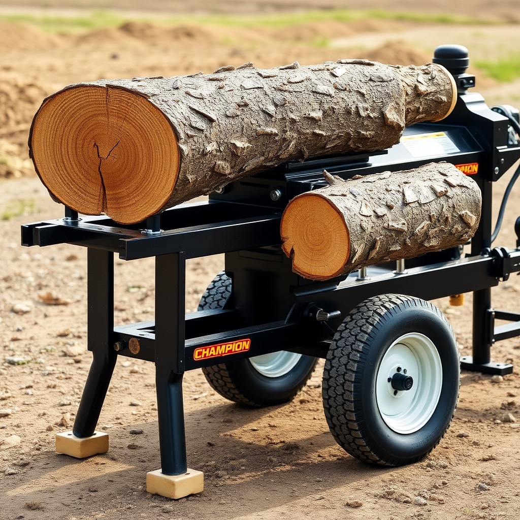 A photorealistic side-angle photo of a Champion 25-Ton log splitter on level ground