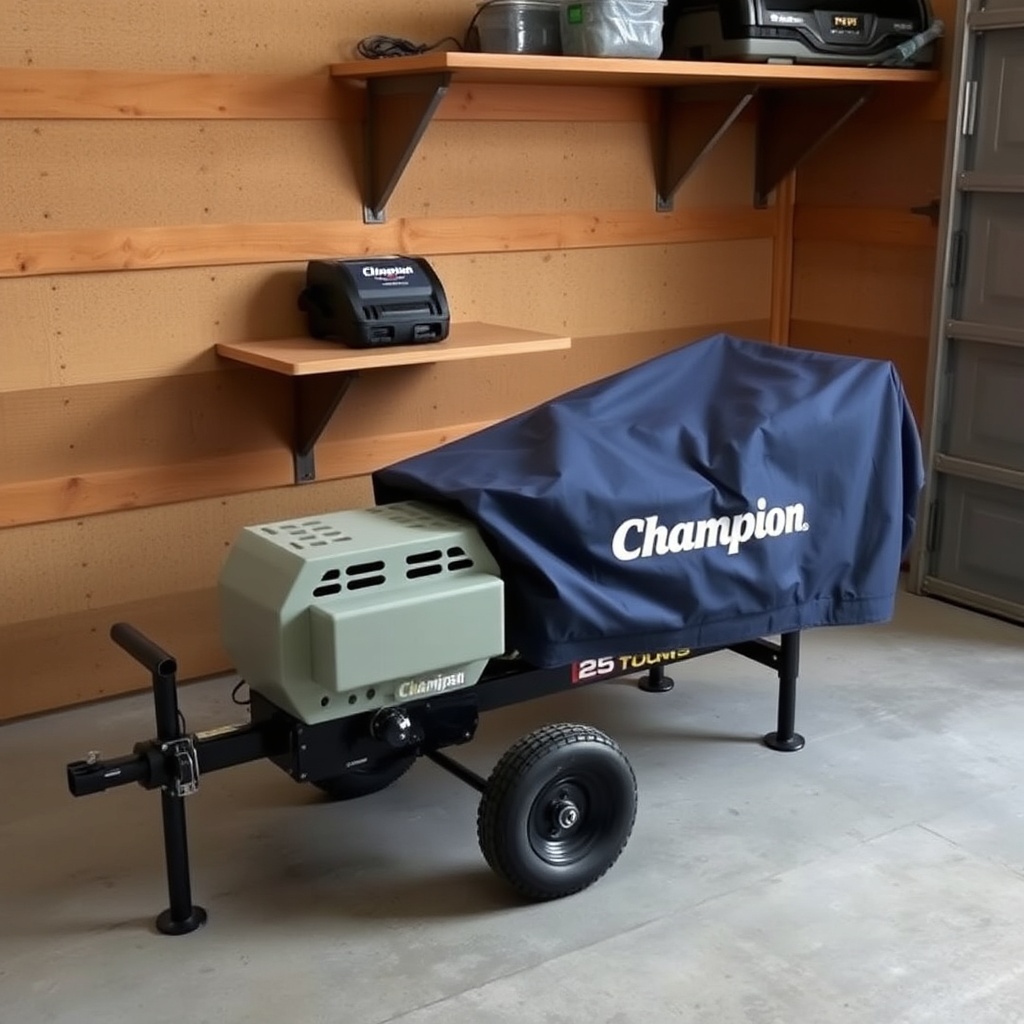 A clean photorealistic photo of a Champion 25-Ton splitter parked on a concrete floor in a
