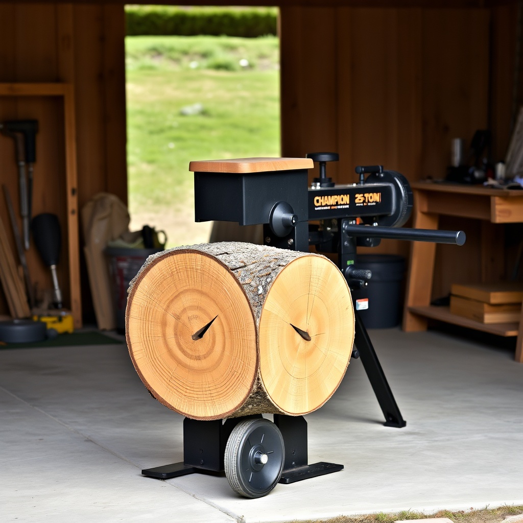 A clean photorealistic photo of a Champion 25-Ton log splitter set in vertical mode