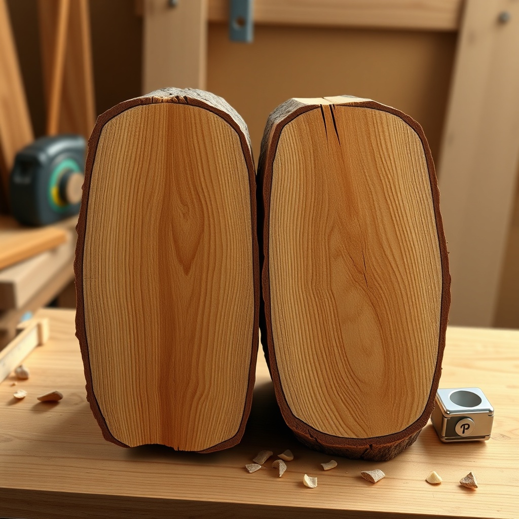 A photorealistic illustration showing two halves of a split oak log side by side