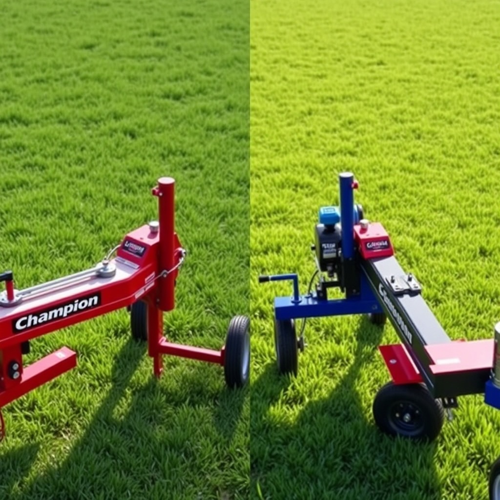 Photorealistic side-by-side comparison of two log splitters on grass