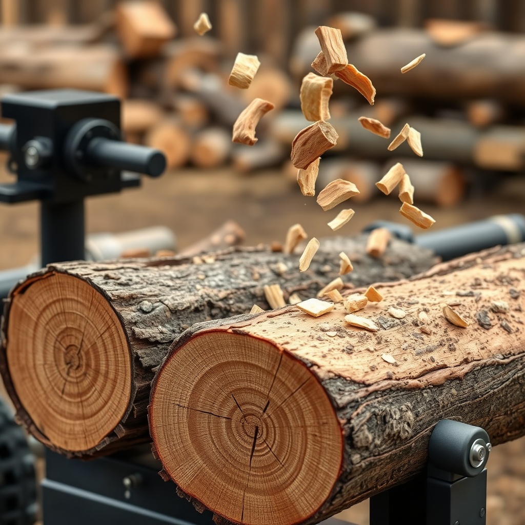 Photorealistic scene showing a log splitter splitting a large knotted oak log