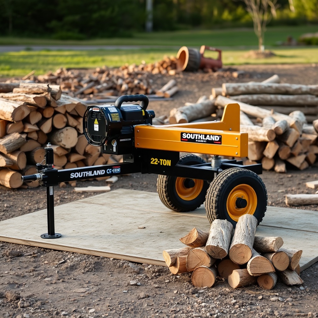 A photorealistic photo of a Southland 22-Ton log splitter on a flat work site