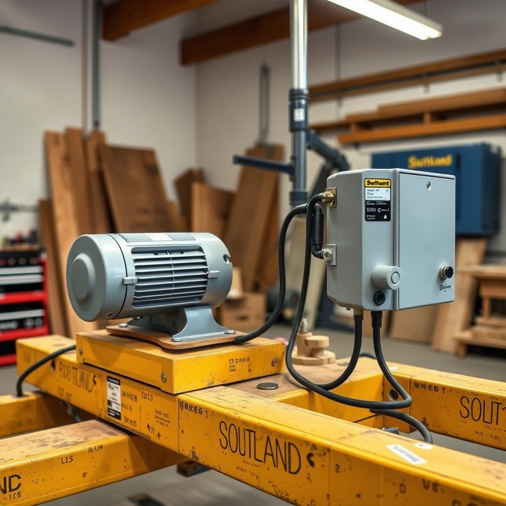 A photorealistic photo of an electric conversion setup for a Southland 22-Ton splitter