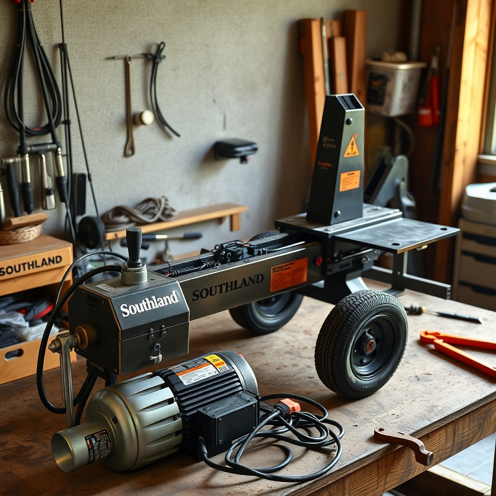 A clean photorealistic photo of a Southland 22-ton log splitter partially disassembled bes
