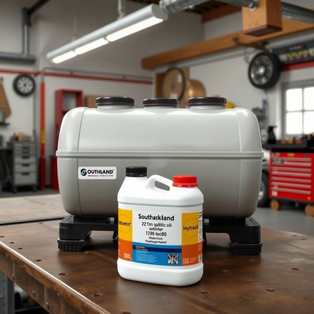 <clean photorealistic photo/illustration of Southland 22-Ton splitter hydraulic oil reserv