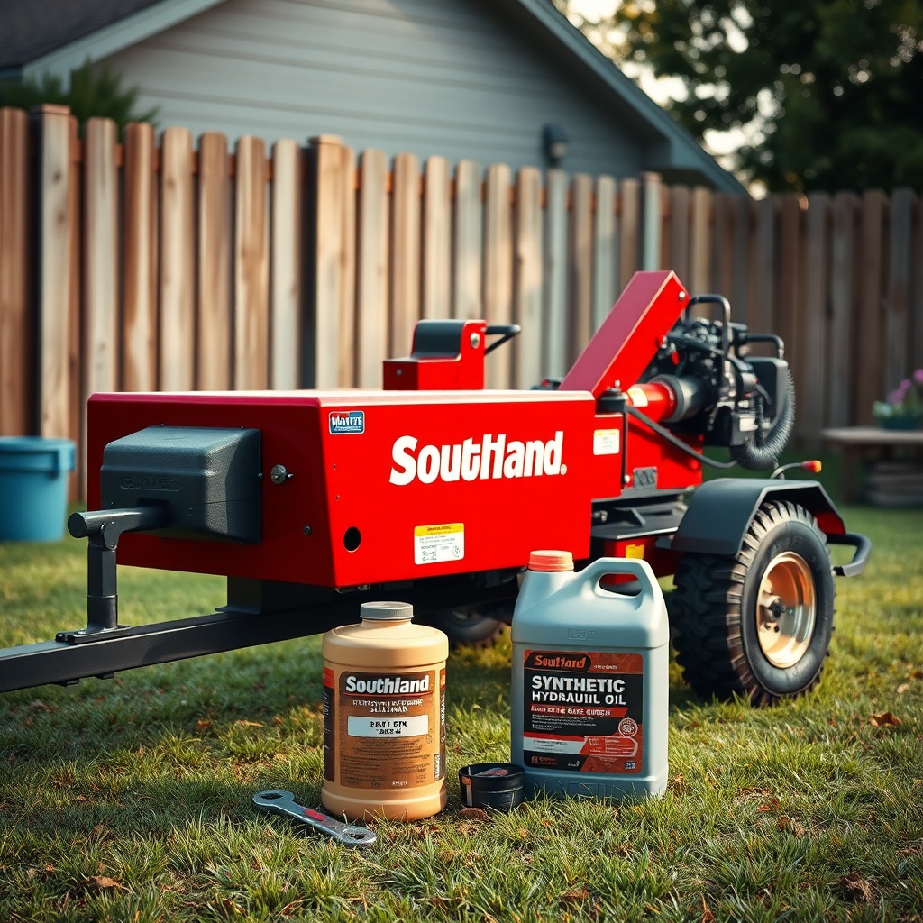 <clean photorealistic photo/illustration of a Southland 22-Ton splitter in a backyard with