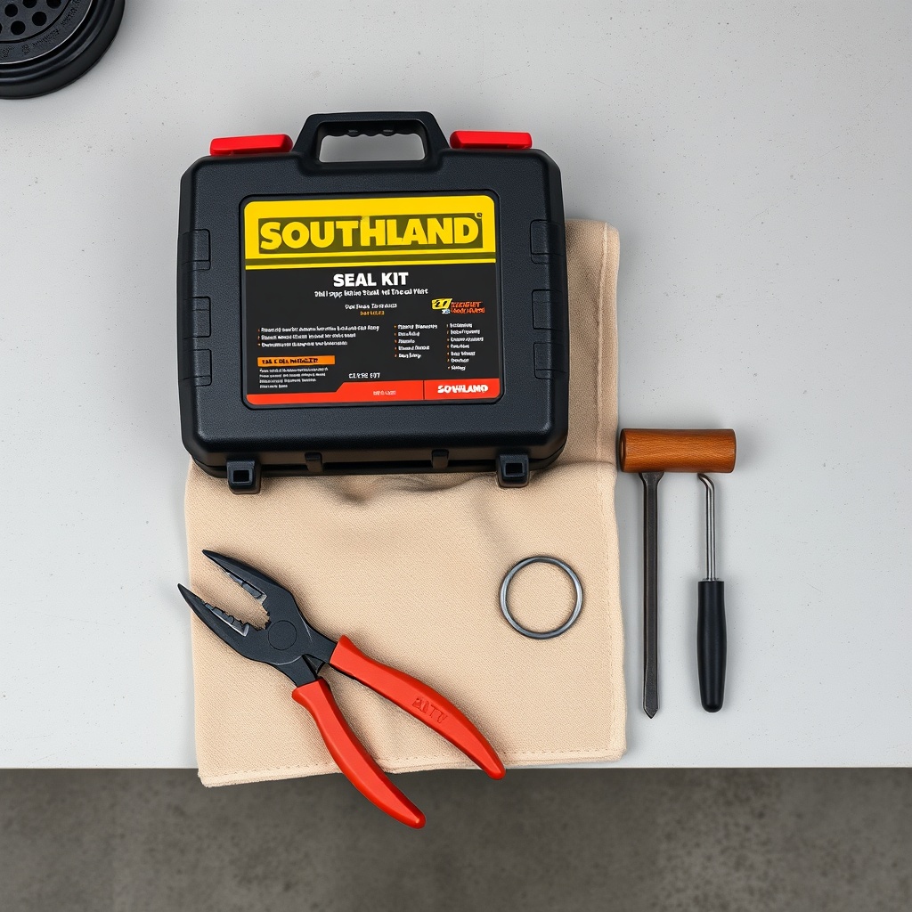 Photorealistic top-down shot of a Southland 22-Ton seal kit laid out next to snap ring pli