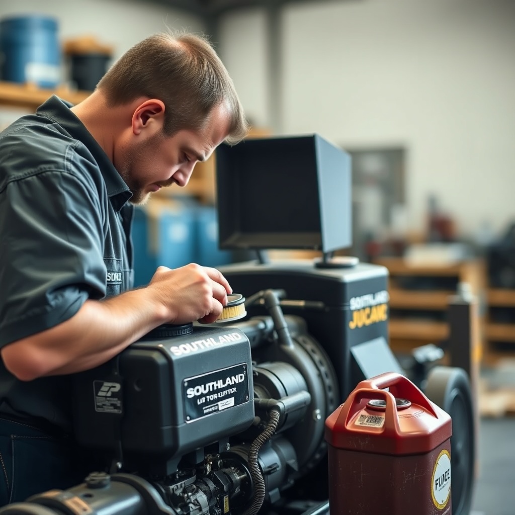 <A clean photorealistic photo of a mechanic inspecting the air filter on a Southland 22-to