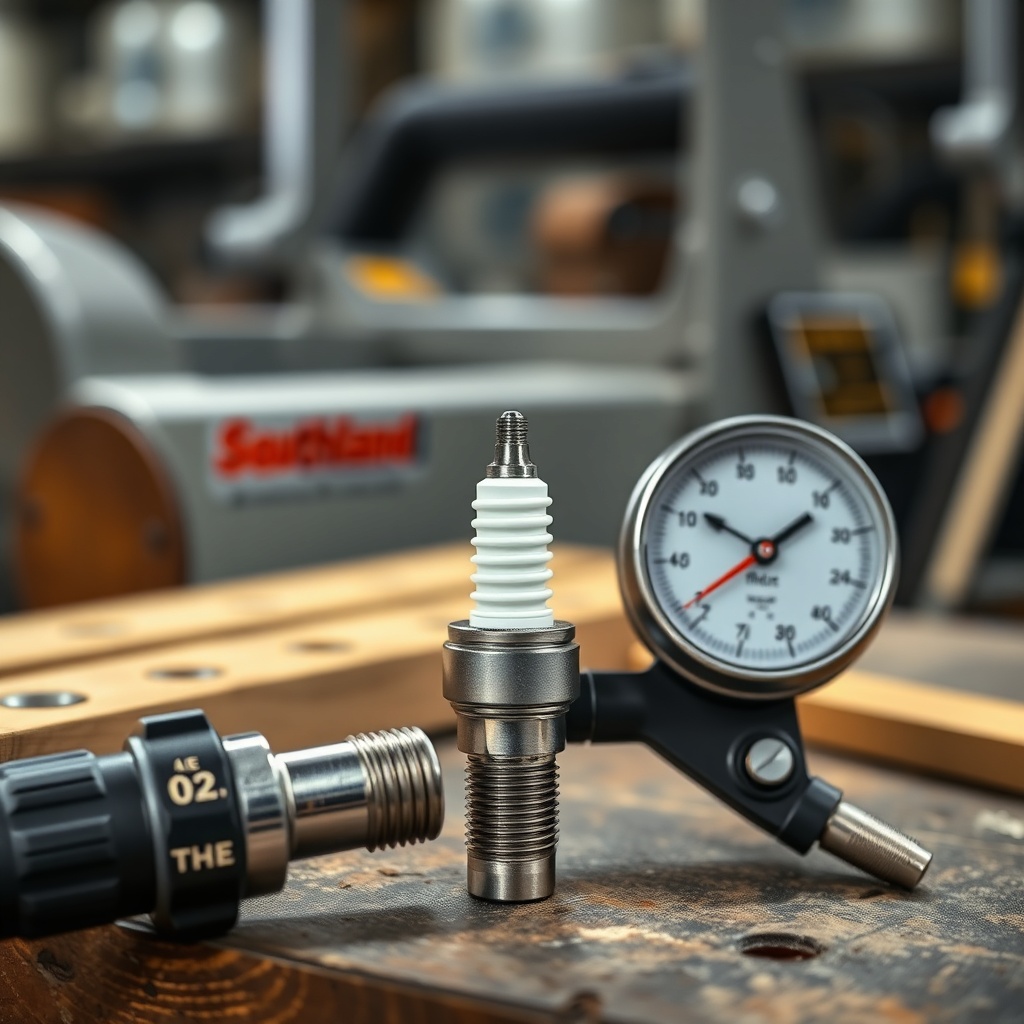 <A photorealistic photo of a spark plug being gapped with a feeler gauge on a workbench