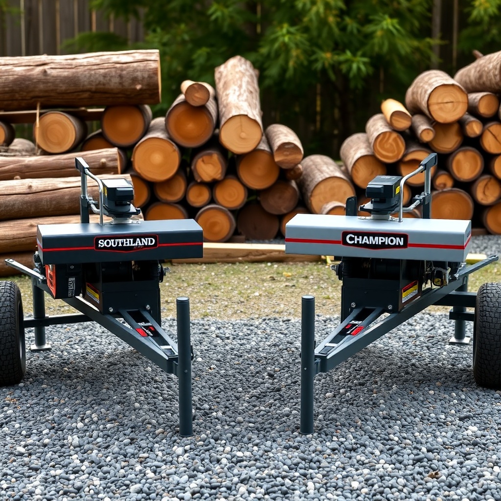 <photorealistic side-by-side photo of the Southland 22-Ton and Champion 25-Ton log splitte