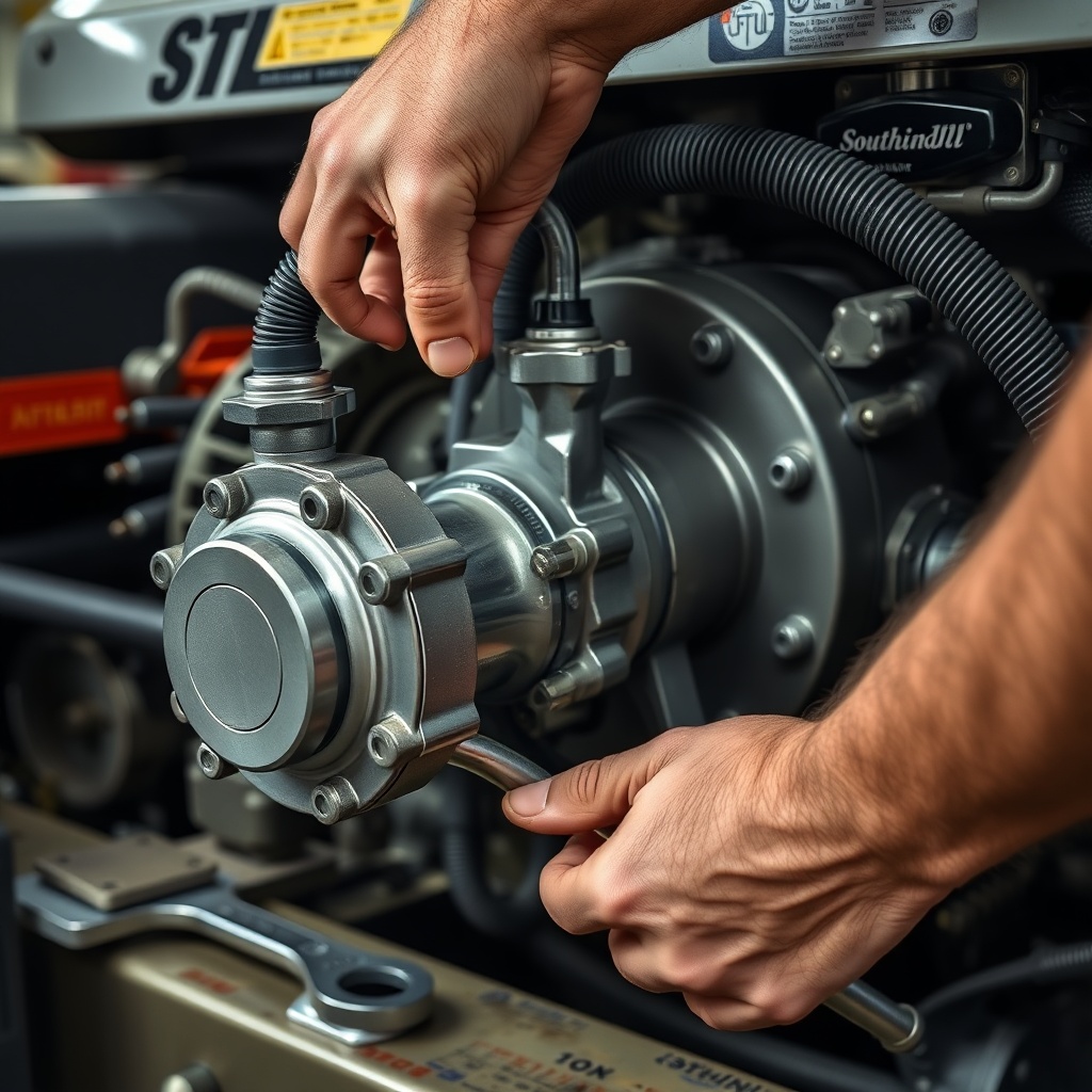 A photorealistic close-up of a new hydraulic pump being fitted onto a Southland 22-Ton spl