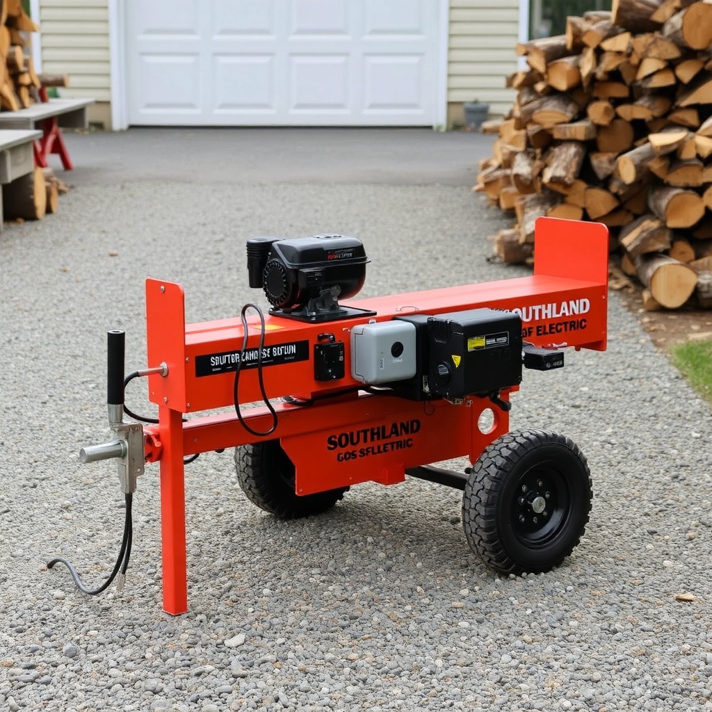 A clean photorealistic photo of a Southland 22-Ton log splitter converted to electric
