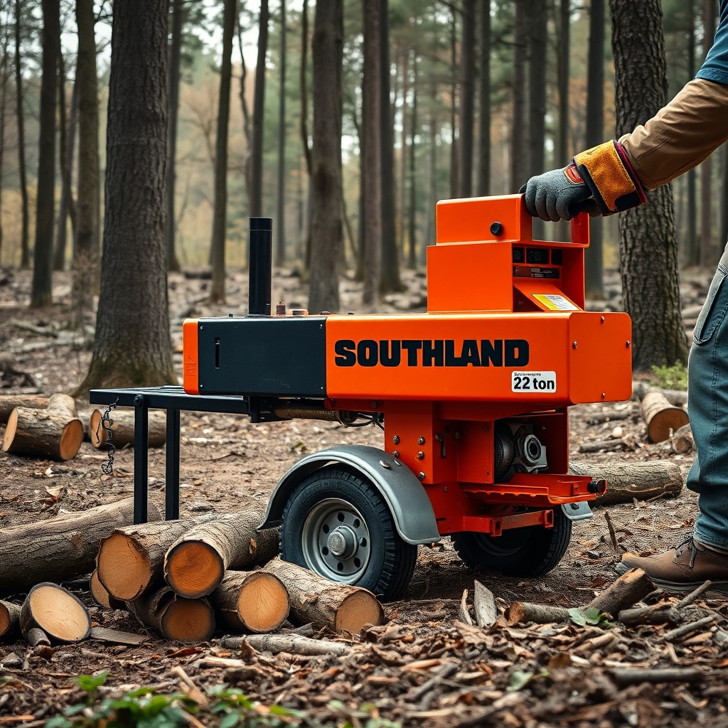 A clean photorealistic photo of a Southland 22-Ton splitter being used in a forest clearin