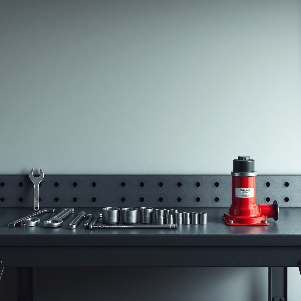 A clean photorealistic photo of a mechanic’s table with a Southland 22-Ton cylinder