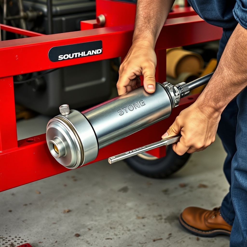A clean photorealistic photo of a mechanic fitting a new silver hydraulic cylinder onto a