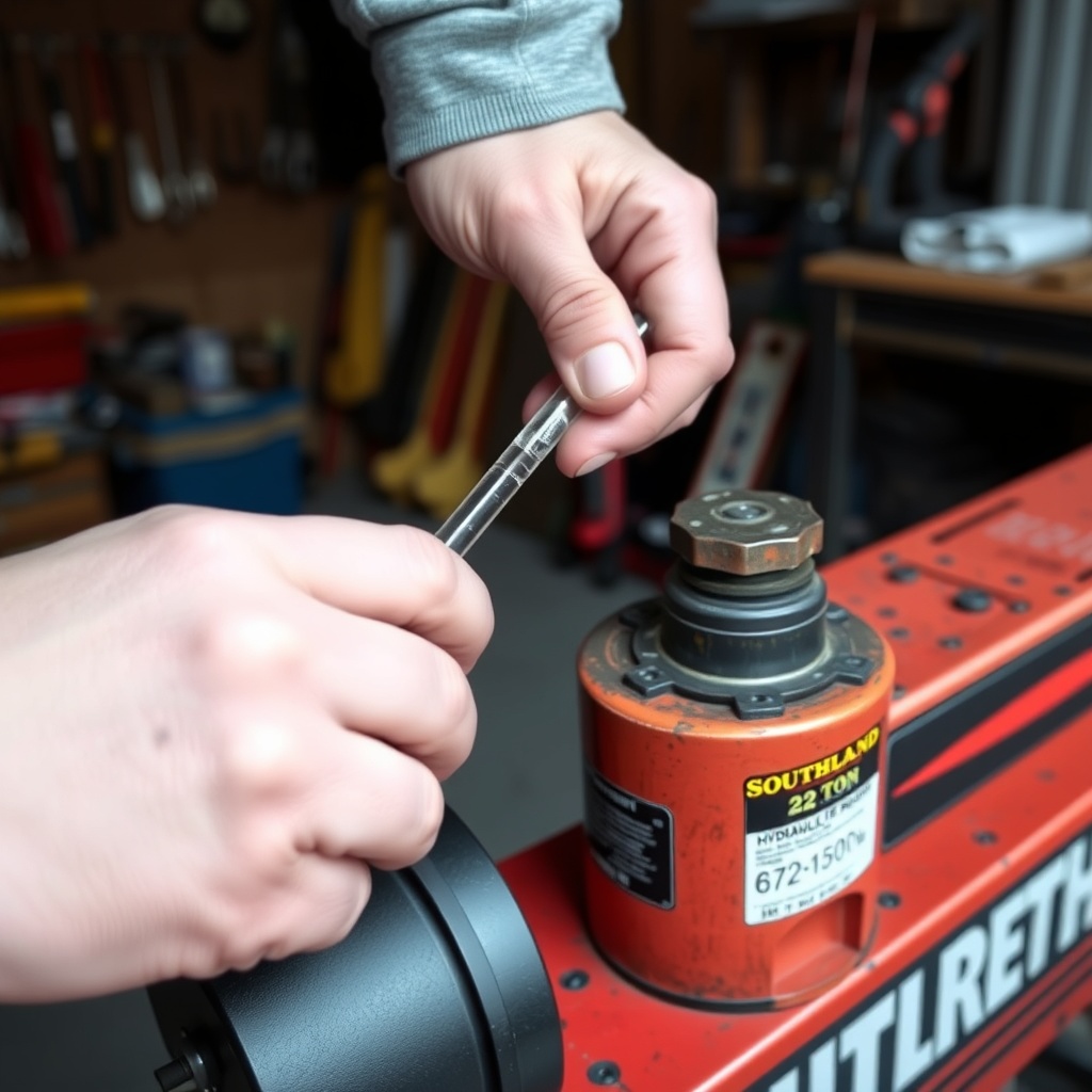 A photorealistic close-up photo of a hand inserting a clean dipstick into the hydraulic fi