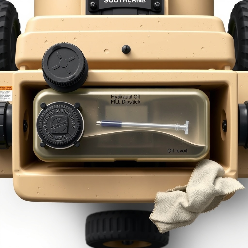 A photorealistic top-down view of a Southland 22-Ton log splitter with the hydraulic oil f